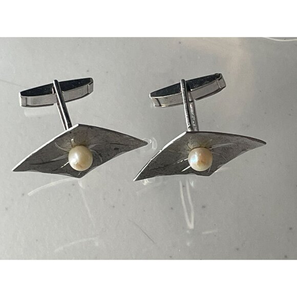 Vintage Mid-Century Modern Sterling Silver & Pearl Sunburst Cufflinks